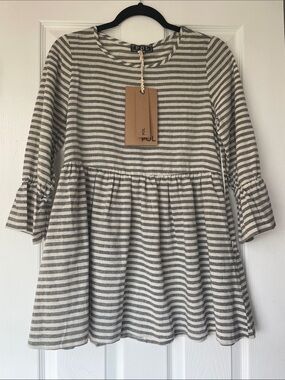 POL Gray and White Striped Cotton Peplum Dress